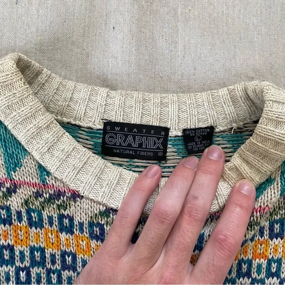 Men’s Vintage Sweater Graphix Aztec Western Crew Neck 100% cotton Sz Large - Picture 6 of 7